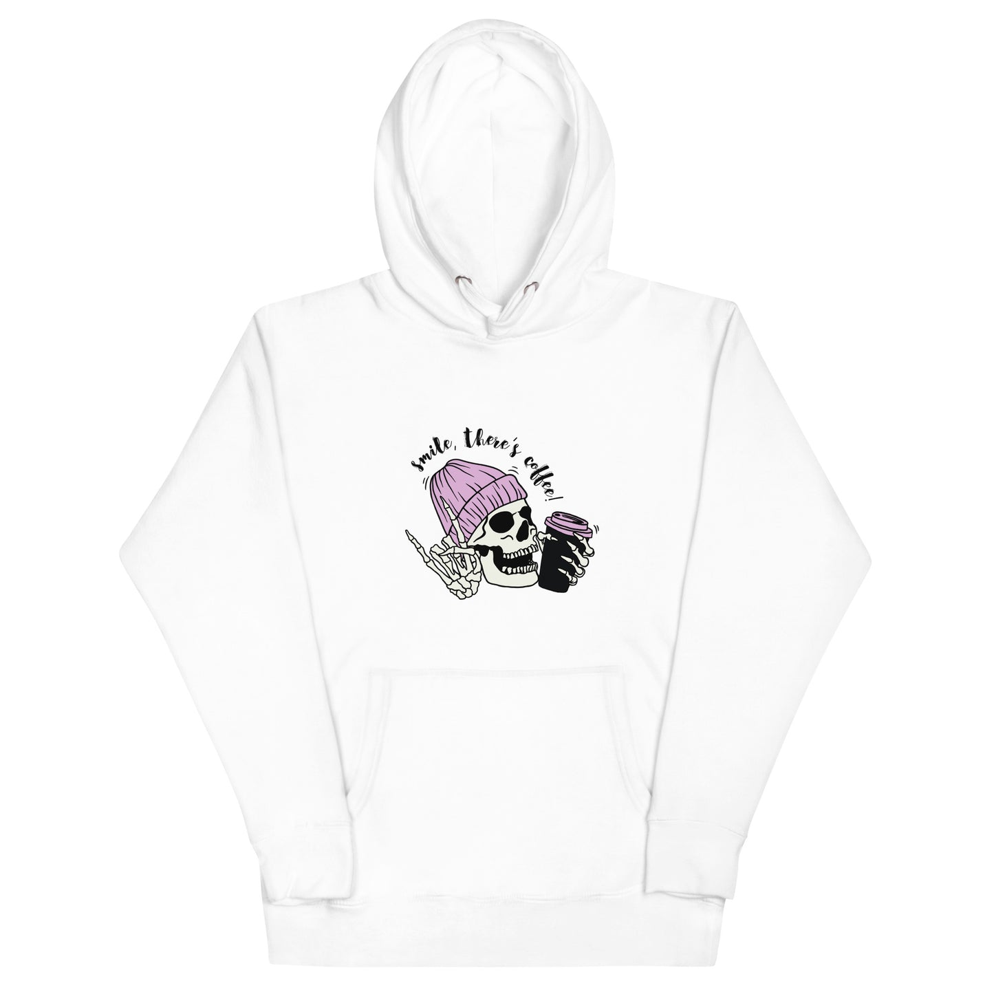 Sudadera con capucha blanca unisex "Smile, There's Coffee! – Skeleton Love Coffee"